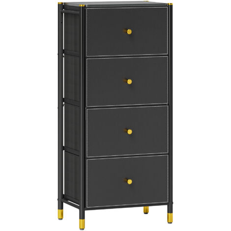 Commode en tissu avec 4 tiroirs pliants avec façades en PU et unité tiroirs à ossature en acier pour chambre et salon noir (1/5)