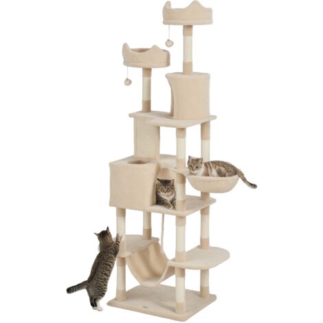 Grand chat griffant arbre de haut 206 cm avec plusieurs niveaux Grottes Ballons suspendus et hamacs beige (1/5)