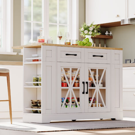 Îlot cuisine portable 120cm table pliante,étagère ouverte,ports AC/USB,porte vitrée,roulettes à freins pour cuisine,salon et salle à manger.
