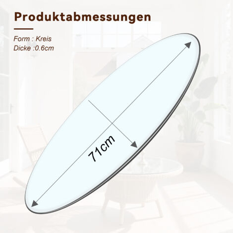 Plateau rond en verre trempé Ø71 cm,épaisseur 0,6 cm. Solide et compact,utilisable sans assemblage dans la maison. (1/5)