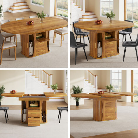 Table à manger extensible ronde ovale 118-158cm pour 6 personnes rangement trois étages style noyer.