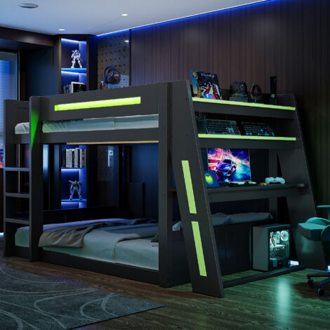 Lit superposé en bois de 140x200 cm avec bureau,deux compartiments de rangement,port USB et éclairage LED,noir + vert