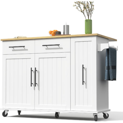 Îlot cuisine blanc avec plan rabattable,rangement organisateur 3 niveaux,barre à serviettes et 2 tiroirs sur roues pour salle à manger.