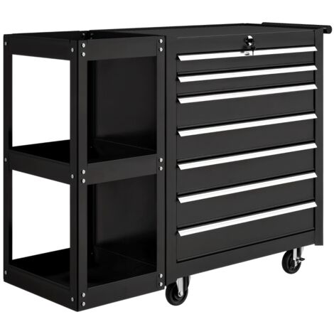 Chariot à outils avec 7 tiroirs,étagère latérale amovible,4 roulettes avec frein à main,96x33,5x75cm,noir