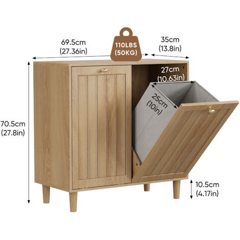 Panier à linge inclinable avec bac intérieur amovible dissimulé. Meuble de rangement autoportant pour salle de bain,finition chêne.