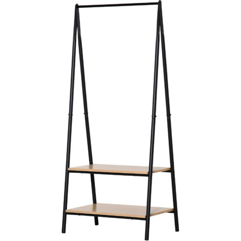 Porte-linge debout Porte-linge avec 2 étagères de rangement, barre suspendue et cadre en acier 64x42,5x149cm Noir (1/5)