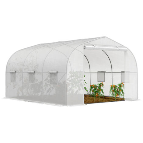 Serre de jardin, serre tunnel de jardin avec 6 fenêtres et porte à roulettes, serre de jardin en acier et polyéthylène, 3,5x3x2 m, blanche (1/5)