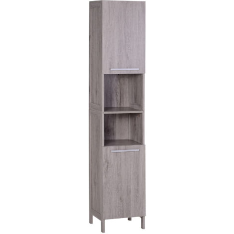 Meuble Colonne Rangement Salle de Bain dim. 30L x 32l x 172H cm 2 placards avec étagère + 2 niches MDF Imitation Bois Gris (1/5)