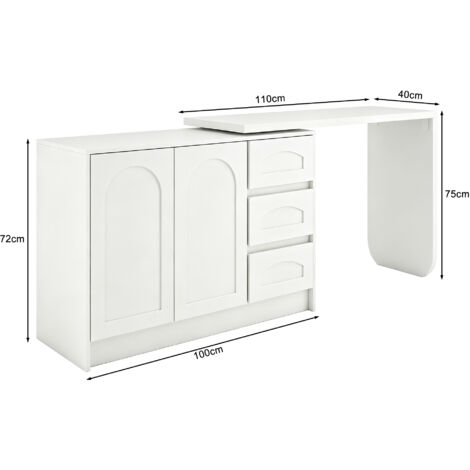 Bureau d’angle L blanc pivotant 360°,équipé de trois tiroirs et armoire. Table informatique gain de place pour bureau domestique et salle d’étude.
