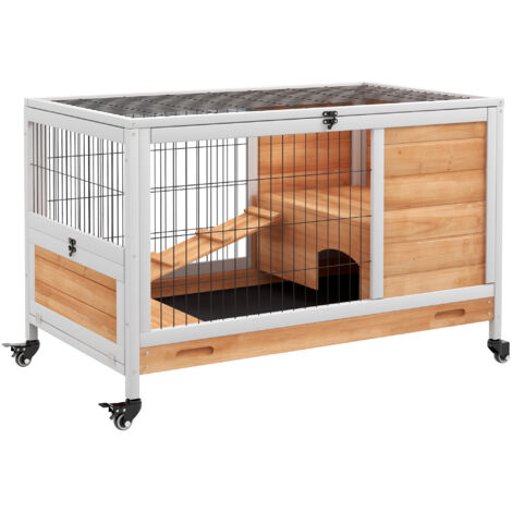 Clapier en bois pour cochons d’Inde, cage à lapins à 2 étages avec zone de cour fermée, jaune (1/5)