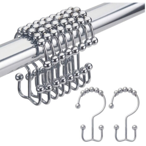 Anneaux De Fixation Pour Rideau De Douche - Métal Antirouille - Double Crochet Coulissant - Pour Barre Et Rideau De Douche - Lot De 12 (1/5)