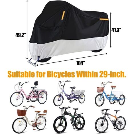 Housse de protection universelle de tricycle pour adulte de qualité supérieure - Pour tous les vélos à 3 roues - Pour extérieur et intérieur (264,2 x 110 x 124,5 cm) (noir et argent, 210D)