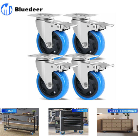Bluedeer – Lot de 4 roulettes pivotantes 100mm – Charge lourde jusqu'à 600kg – Caoutchouc polyuréthane – Rotation 360° pour meubles
