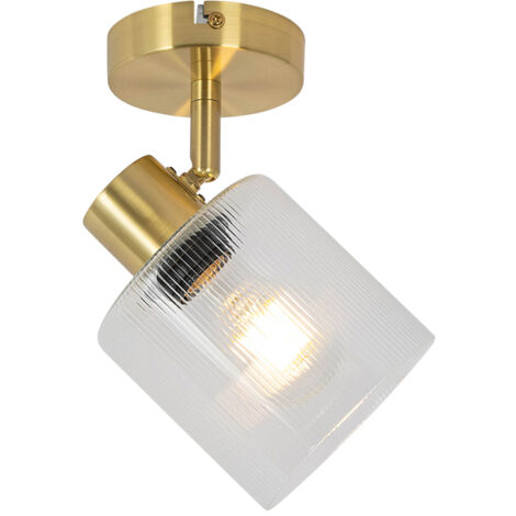 Qazqa – Spot de plafond orientable Art déco doré – Abat-jour en verre nervuré – Diamètre 12 cm – Hauteur 16,5 cm – Douille E27 – Compatible avec variateur (1/5)