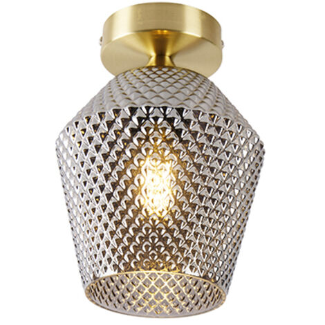 Qazqa – Plafonnier LED art déco en laiton avec verre fumé – Diamètre 17cm – Hauteur 22cm – Douille E27 – Intensité variable (1/5)