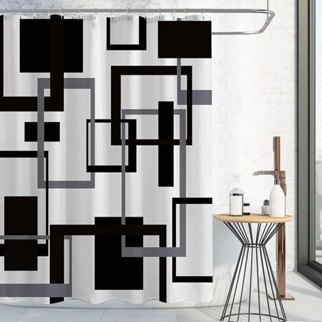 Lntyq Rideau de douche noir et blanc, ensemble de rideau de douche en tissu géométrique noir et gris, rideau de douche imperméable minimaliste abstrait moderne du milieu du siècle pour décoration de s
