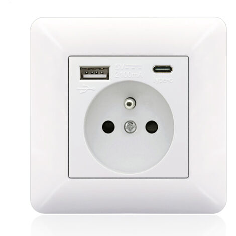 Sjqka – Panneau de prises Type-C et USB 16A – 2 prises – 1 port USB – 1 port Type-C – Installation horizontale ou verticale – Design moderne blanc