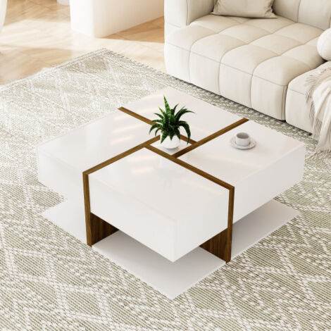 Table basse laquée brillante avec 4 tiroirs, coloris unique et design linéaire, espace de rangement en dessous. 78 x 78 x 34,8 cm (1/3)