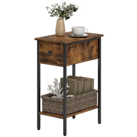 Table d'appoint avec compartiment ouvert et tiroir, table de chevet, pieds en métal, bois, marron (1/3)