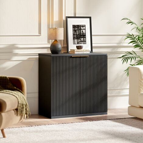Buffet moderne avec façade plissée et poignée en métal, multifonctionnel, idéal pour le salon et la chambre, décor bois clair naturel, noir, 60 x 30 x 70 cm (1/3)