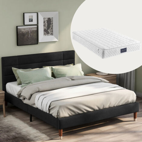 Lit double capitonné avec sommier à lattes, cadre de lit capitonné 140x200cm avec tête de lit, en lin noir, pour adultes et adolescents (avec matelas à ressorts) (1/3)