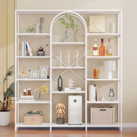 Étagère de 160 x 30 x 180 cm au style moderne et minimaliste, fabriquée en tubes d'acier robustes et en MDF, avec de multiples compartiments de rangement, design rectangulaire et arqué, blanche. (1/3)