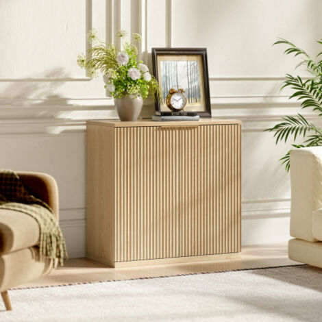Buffet moderne avec façade plissée et poignée en métal, meuble multifonctionnel pour salon et chambre, décor bois clair naturel, chêne, 60 x 30 x 70 cm (1/3)