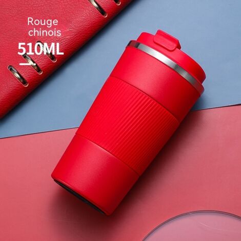 gobelet isotherme style americain acier inoxydable 304 pour voiture avec gaine en silicone couvercle rabattable couleur rouge (1/3)