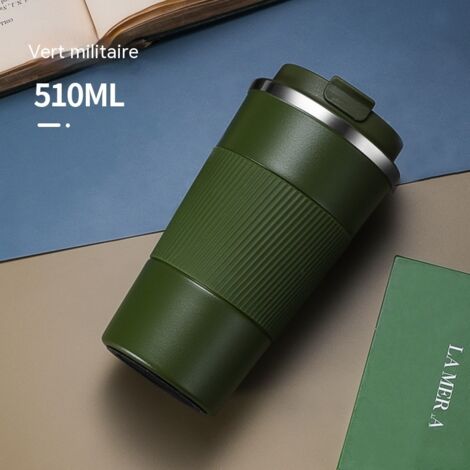 gobelet isotherme style americain acier inoxydable 304 pour voiture avec gaine en silicone couvercle rabattable couleur vert militaire (1/3)