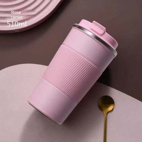 gobelet isotherme style americain acier inoxydable 304 pour voiture avec gaine en silicone couvercle rabattable couleur rose sakura (1/3)