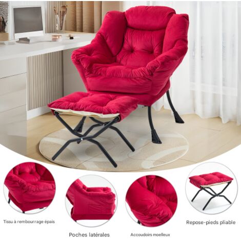 Fauteuil relax, fauteuil confortable avec repose-pieds pliable et poche latérale, petit fauteuil au style simple pour chambre, salon ou balcon (1/4)
