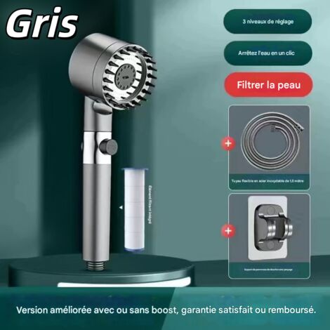 Kit de Douche à Pulvérisation à Haute Pression Gris Gun, 3 Modes d'Eau avec Arrêt One-Touch, pour Salle de Bain (1/2)