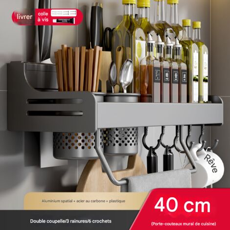 Organisateur Mural Sans Perçage pour Cuisine, Porte-Couteaux avec 2 Pots à Baguettes, 40cm, Gris Pistolet, Double Usage (1/4)