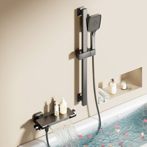Ensemble de Douche à Cascade en Laiton Massif Gris Gun, Robinet de Baignoire Murale avec Réglage en Hauteur, pour Salle de Bain (1/5)