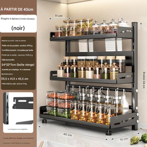 Étagère de Rangement pour Épices à 3 Niveaux en Acier au Carbone, Organisateur Multifonction pour Cuisine avec Porte-Couteaux, Réglable en Hauteur, 40cm, Noir (1/3)