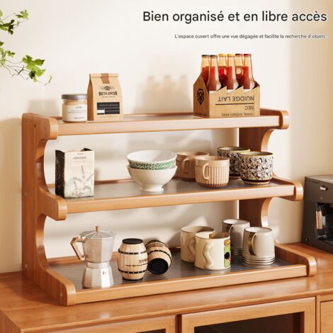 Étagère de Bureau à 3 Niveaux en Bambou, Support à Tasses et Accessoires, 50cm, Style Épuré (1/5)
