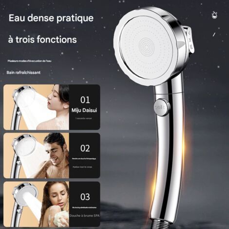 Kit de Pommeau de Douche à Haute Pression Argenté, 3 Modes d'Eau avec Tuyau 1.5m et Support Sans Perçage, pour Salle de Bain (1/4)