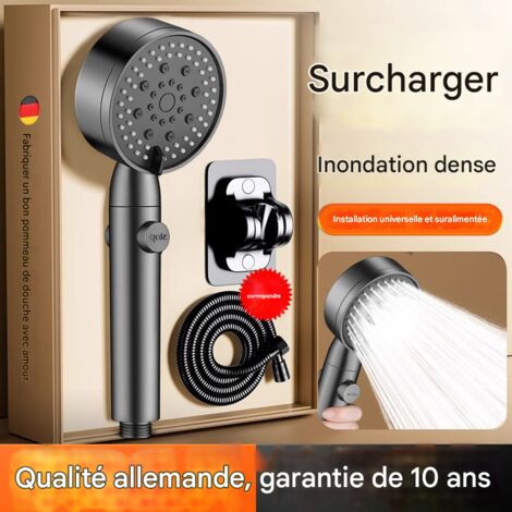 Kit de Pommeau de Douche à Haute Pression Gris Titane, avec Tuyau 1.5m et Support Sans Perçage, pour Salle de Bain (1/4)