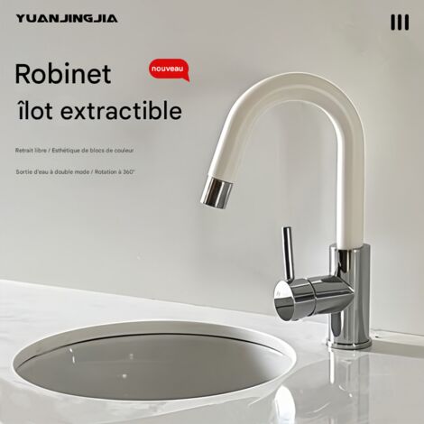 Robinet Tirable Rotatif Style Crème Blanc pour Cuisine, Îlot de Bar et Salle de Bain, Mitigeur Eau Froide et Chaude (1/5)