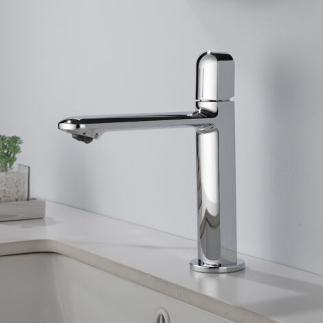 Robinet de Lavabo Bas à Bec Long en Argent, Mitigeur Eau Froide et Chaude, Salle de Bain (1/2)