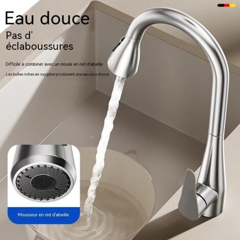 Robinet de Cuisine Rétractable en Acier Inoxydable 201, Mitigeur Eau Froide et Chaude Anti-Éclaboussures pour Évier (1/4)