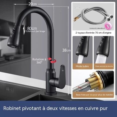 Robinet de Cuisine Extensible à 360°, Double Jet, Mélangeur Chaud/Froid Anti-Éclaboussures, Tuyau Rétractable pour Évier, Finition Noire (1/3)