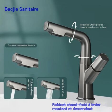 Robinet de Lavabo Rotatif et Rétractable en Gris Pistolet, Mitigeur Eau Froide et Chaude Réglable en Hauteur, Robinet de Salle de Bain pour Vasque (1/4)