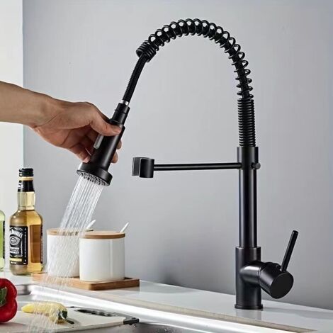 Robinet de Cuisine à Ressort Extensible, Tuyau Orientable à 360°, Robinet Mélangeur Chaud/Froid pour Évier, Double Usage, Alliage de Cuivre Chromé (1/4)