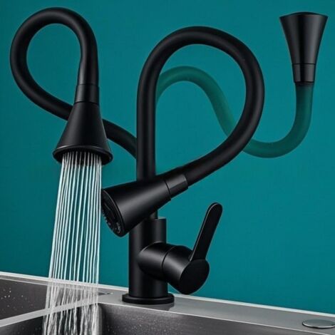 Robinet de cuisine noir en silicone flexible, pivotant, mitigeur eau chaude et froide pour évier (1/4)