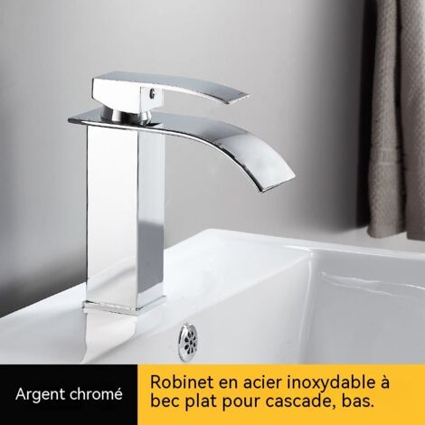 Robinet de Lavabo à Cascade, Mitigeur Eau Froide et Chaude, Robinet de Salle de Bain pour Lavabo, Acier Inoxydable, Argent Chromé, Modèle Bas à Bec Plat (1/4)