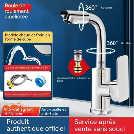 Robinet de Lavabo Monotrou Rotatif à 360°, Mitigeur Eau Froide et Chaude, pour Salle de Bain, avec Tuyaux d'Alimentation 80cm (1/4)