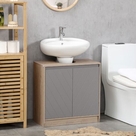 HOMCOM Meuble salle de bain sous Lavabo - meuble sous-vasque - placard 2 portes avec étagère - dim. 60L x 30l x 59,8H cm - panneaux particules chêne clair gris (1/4)