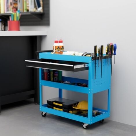 Coffre à outils, chariot à outils, boîte à outils, 3 niveaux, 4 roues, 82 cm x 35 cm x 76 cm, bleu (1/4)