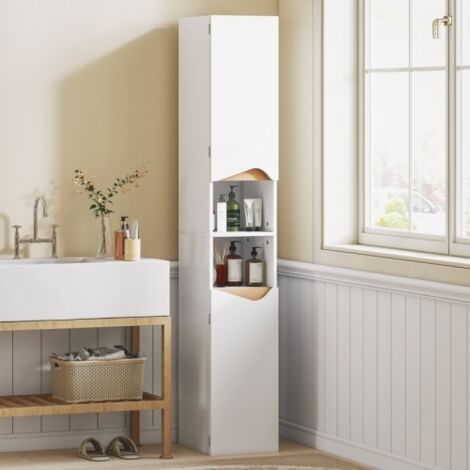 Meuble de salle de bain étroit et haut, à 2 portes et 2 compartiments ouverts, 30 x 34,6 x 182 cm, blanc (1/4)